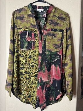 Adore Mixed Print Button Front Blouse Camo Animal Abstract Long Sleeve Top S